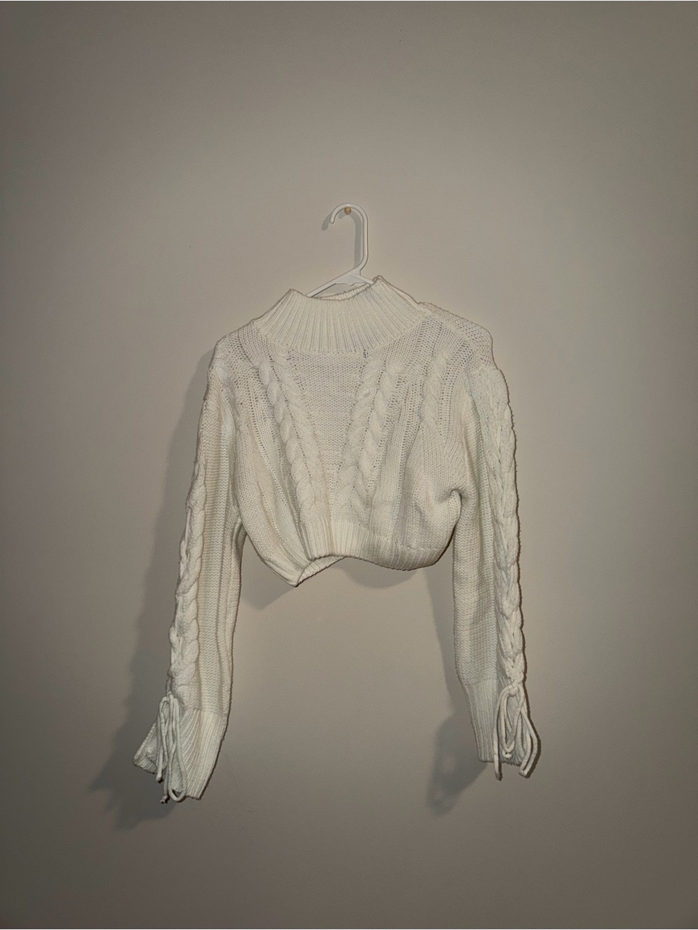 Cropped Cable Knit Mock Neck Sweater - White
